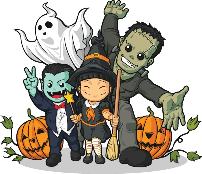 Halloween characters with pumpkins and ghost