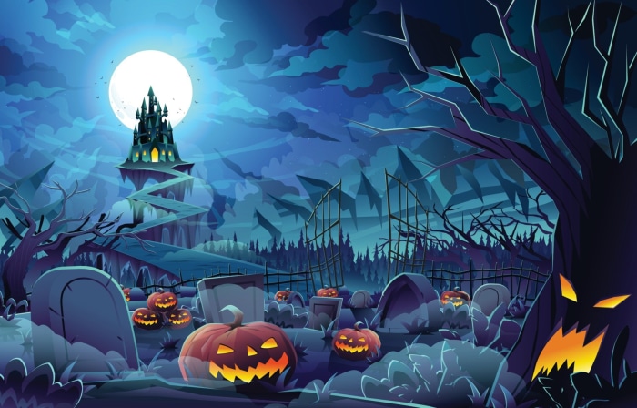 Halloween graveyard with Jack-O-Lanterns and a castle