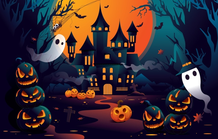 Halloween haunted castle with pumpkins and ghosts