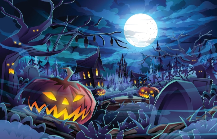 Spooky Halloween Night with Jack-O-Lanterns and Haunted Houses