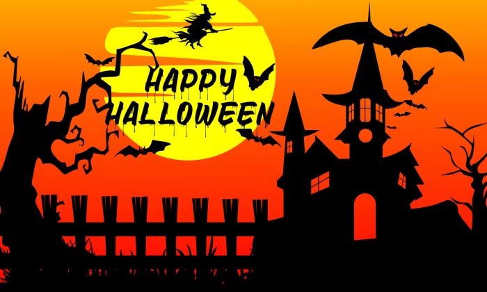 Happy Halloween haunted house with bats and witch