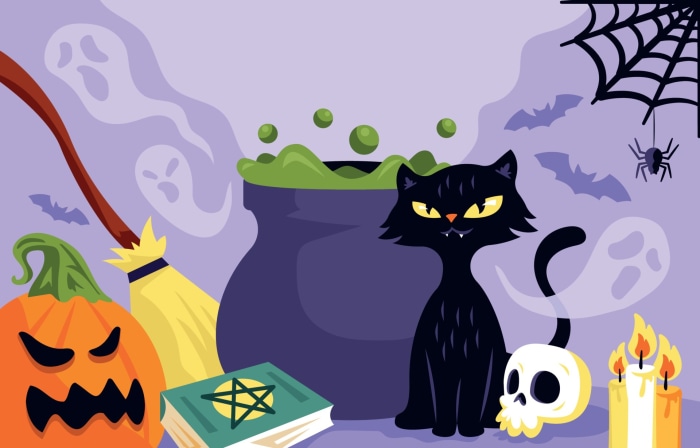 Halloween scene with black cat, pumpkin, and cauldron