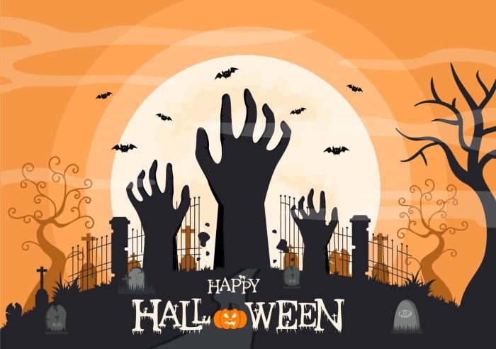 Happy Halloween graveyard with zombies and bats