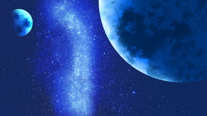 Blue planets and galaxy in space