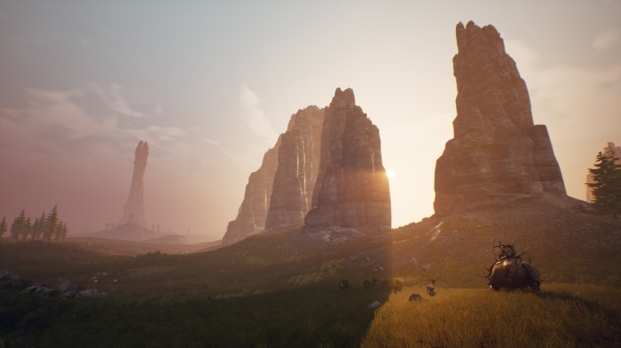 Conan Exiles landscape with rock formations and tower