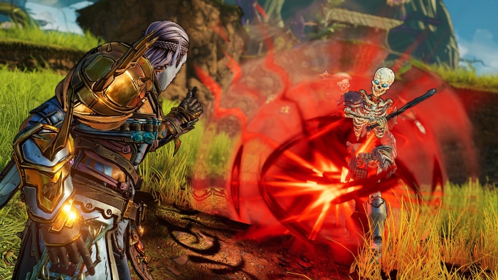 Character from Tiny Tina's Wonderlands fighting a skeleton