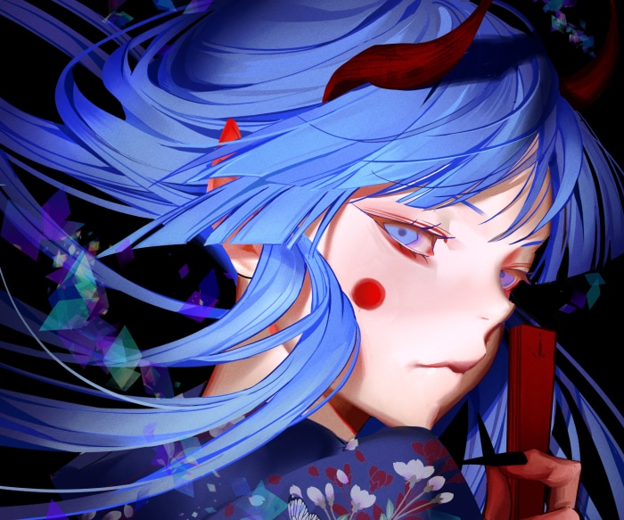 Fantasy Demon with Blue Hair and Red Horns