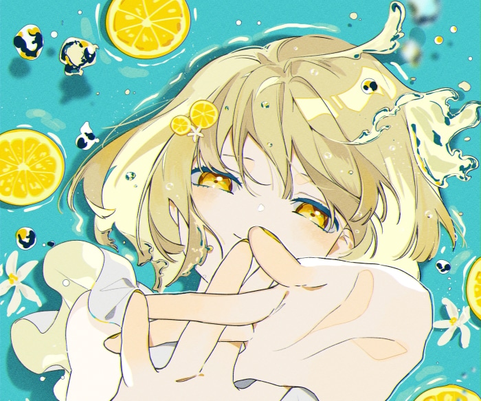 Girl with short blonde hair and yellow eyes surrounded by lemons