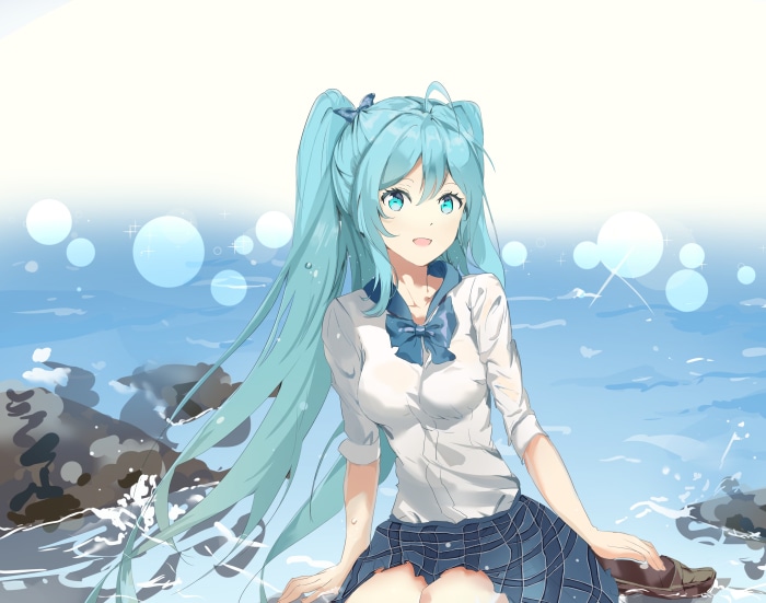 Hatsune Miku from Vocaloid sitting by the water