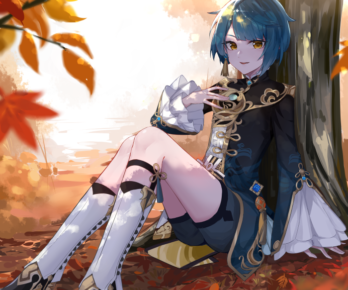 Xingqiu from Genshin Impact sitting by a tree in autumn