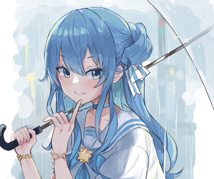 Hoshimachi Suisei from Hololive holding an umbrella in the rain