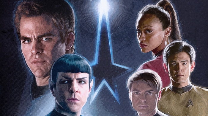 Star Trek characters in front of a star logo