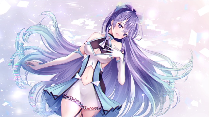 Girl with purple hair and purple eyes in a futuristic outfit