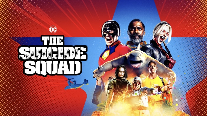 The Suicide Squad characters with DC logo