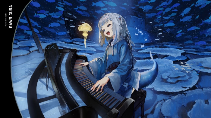 Gawr Gura from Hololive playing piano underwater