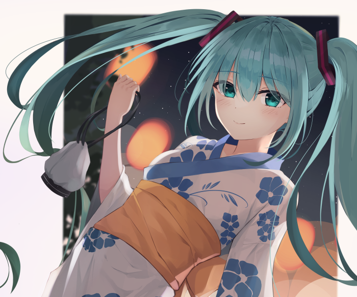 Hatsune Miku in a blue and white floral kimono