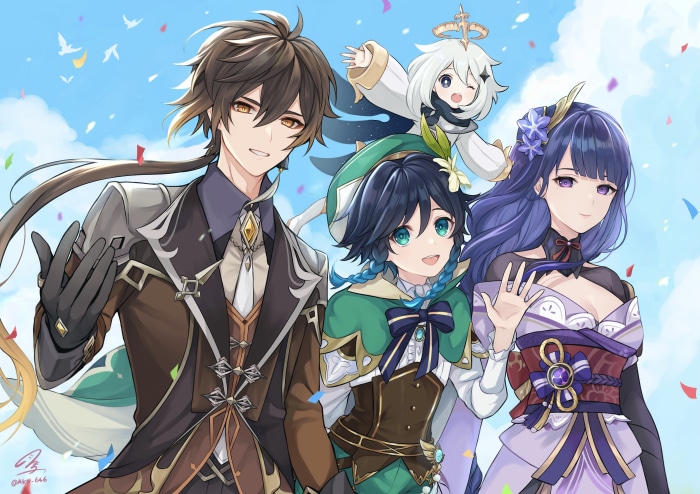 Zhongli, Venti, Raiden Shogun, and Paimon from Genshin Impact
