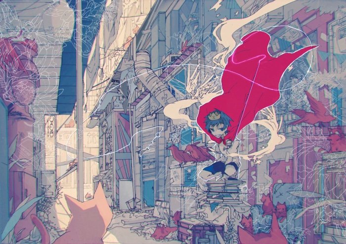 Boy in Red Cape in Alley with Cats and Birds