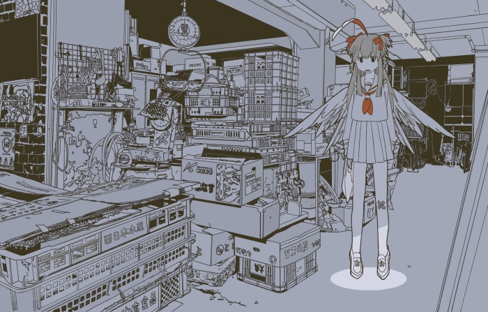 Girl with wings in a cluttered shop