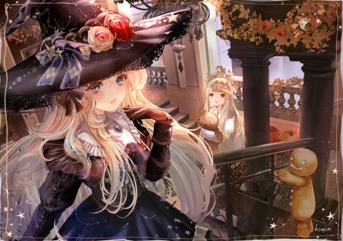 Girl in witch hat with roses and stars