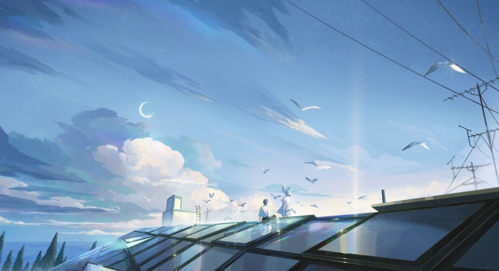 Two people on a rooftop with birds and clouds