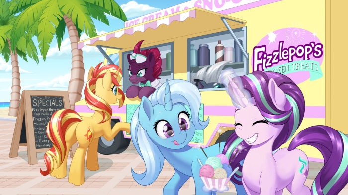 My Little Pony characters at an ice cream stand