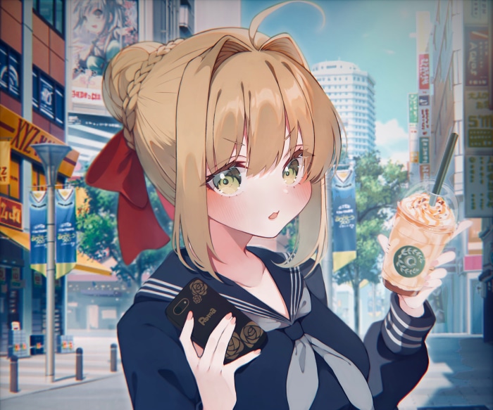 Saber from Fate/Grand Order holding a drink