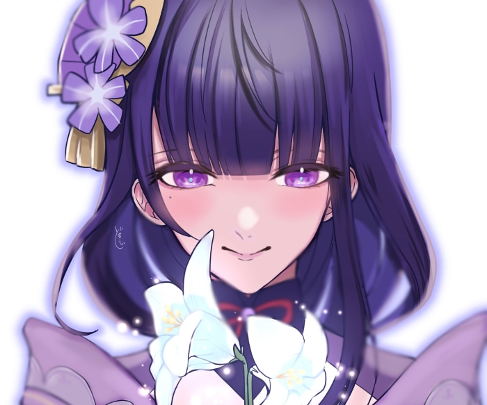 Raiden Shogun from Genshin Impact holding a flower
