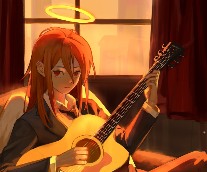 Angel Devil from Chainsaw Man playing guitar
