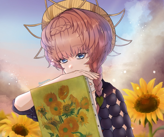 Kama from Fate/Grand Order holding a painting