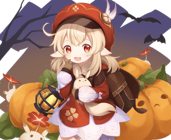 Klee from Genshin Impact with pumpkins and bats