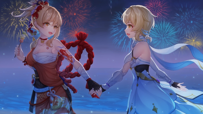 Yoimiya and Lumine from Genshin Impact with fireworks