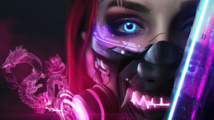 Cyberpunk woman with glowing eyes and mask holding a neon sword