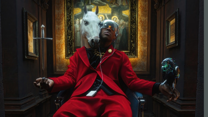 Man with horse head and red suit