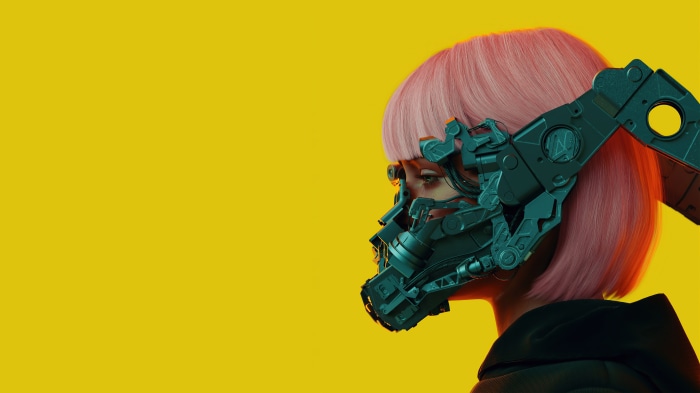 Cyberpunk woman with pink hair and mechanical mask