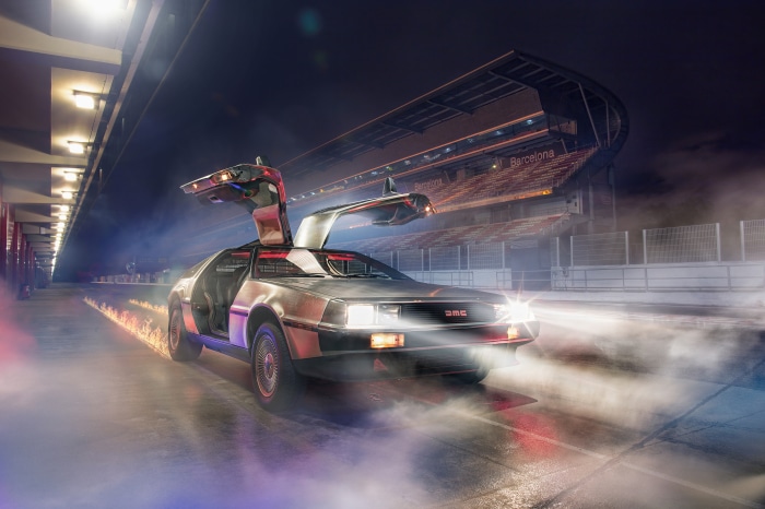 DeLorean DMC-12 time machine at Barcelona stadium