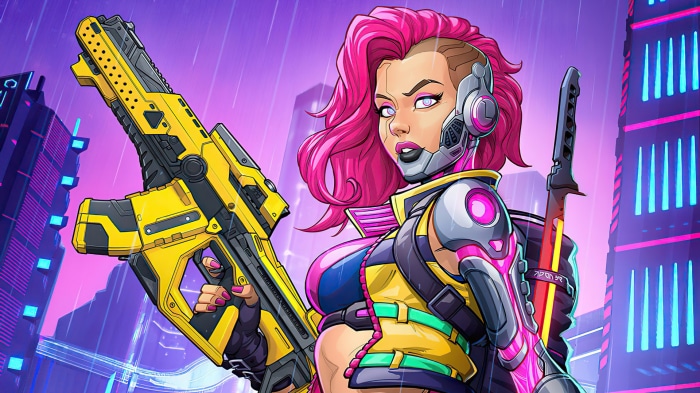 Woman with pink hair and cybernetic arm holding a futuristic gun