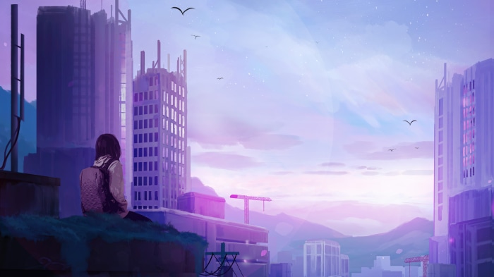 Artistic Cityscape with Girl Overlooking Buildings