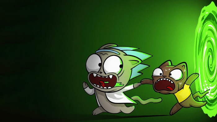 Rick and Morty cats running through a portal