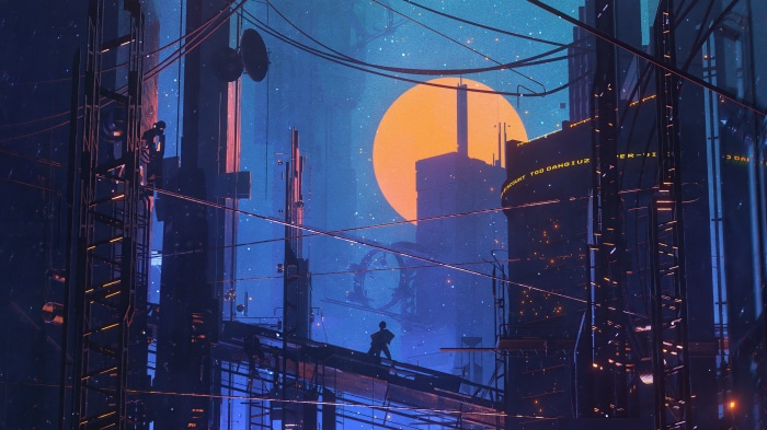 Sci Fi City at Night with Large Moon