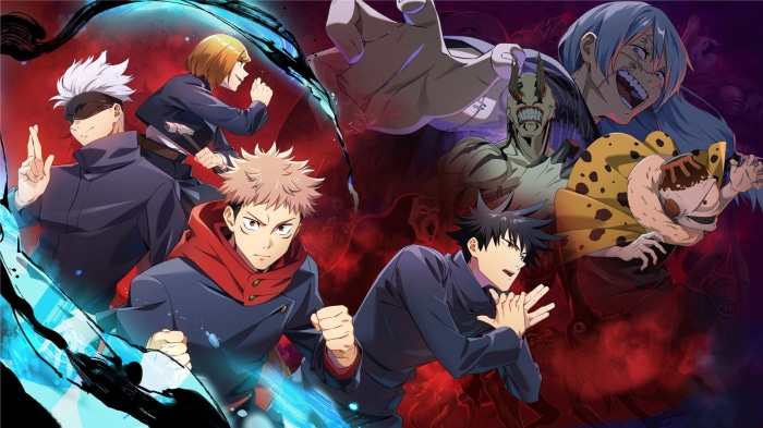 Jujutsu Kaisen characters Satoru Gojo, Nobara Kugisaki, Yuji Itadori, Megumi Fushiguro, and cursed spirits