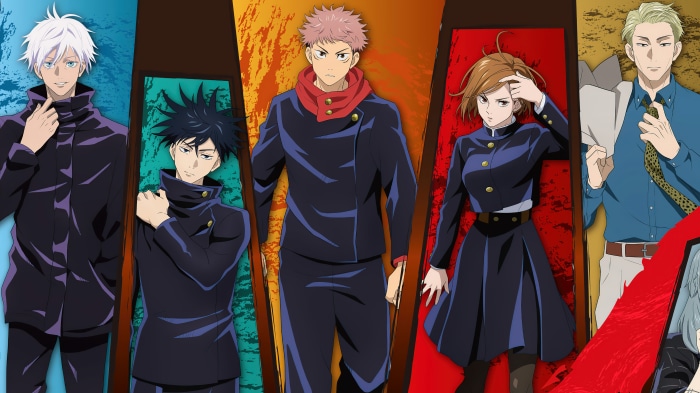 Jujutsu Kaisen characters: Satoru Gojo, Megumi Fushiguro, Yuji Itadori, Nobara Kugisaki, Kento Nanami