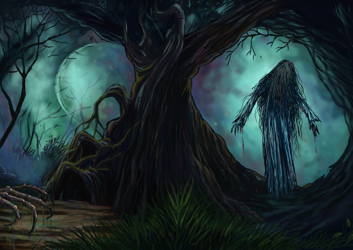 Dark Creepy Forest with Ghost and Spider