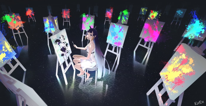 Ninomae Ina'nis from Hololive painting with colorful splatters