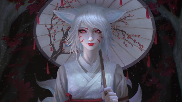 Fantasy woman with fox ears and pink eyes holding an umbrella
