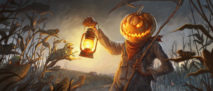 Scarecrow with Jack-o'-lantern head holding a lantern in a cornfield