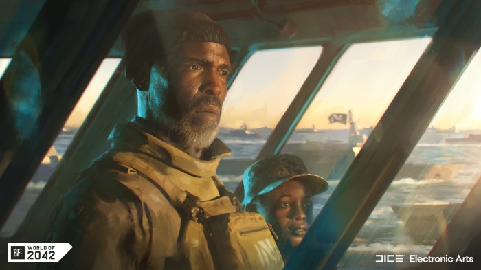 Battlefield 2042: Two people on a ship looking out at a fleet
