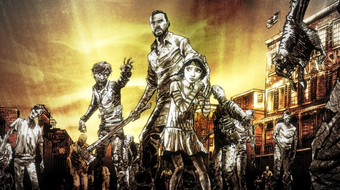 Lee and Clementine surrounded by zombies in The Walking Dead