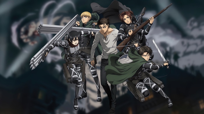 Attack on Titan characters: Eren, Mikasa, Armin, Levi, and Gabi