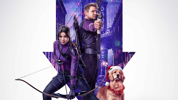 Hawkeye Clint Barton and Kate Bishop with Lucky the Dog